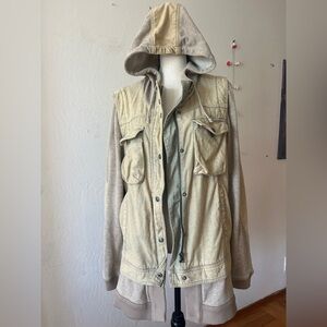 Free People Olive Green Hooded Jacket with Floral Trim
